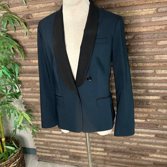 Express Black and Dark Teal Colorblock Tuxedo Shawl Collar Blazer Jacket Size 12 - Picture 4 of 6